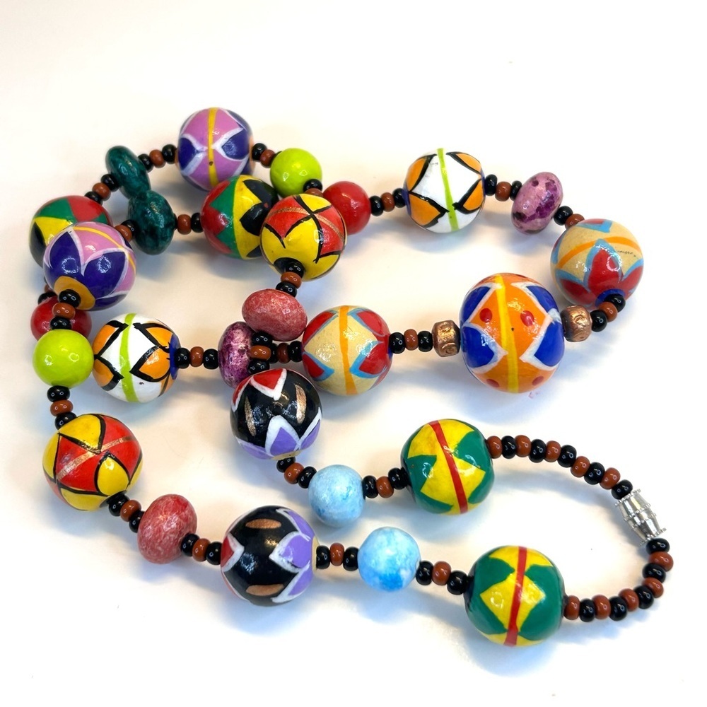 Necklace Brightly Painted Wood Stone Beads Multi-coloured Barrel Clasp 25” VTG